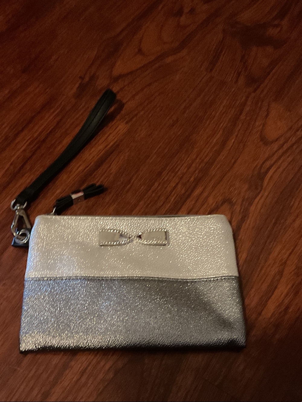 Victoria's Secret Silver Two-Tone Wristlet Clutch with Bow Detail approx. 5” x 8
